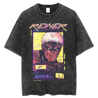 A vintage-washed Eren Jaeger T-Shirt featuring a gritty Attack on Titan manga graphic, styled as oversized Harajuku streetwear for men and women.