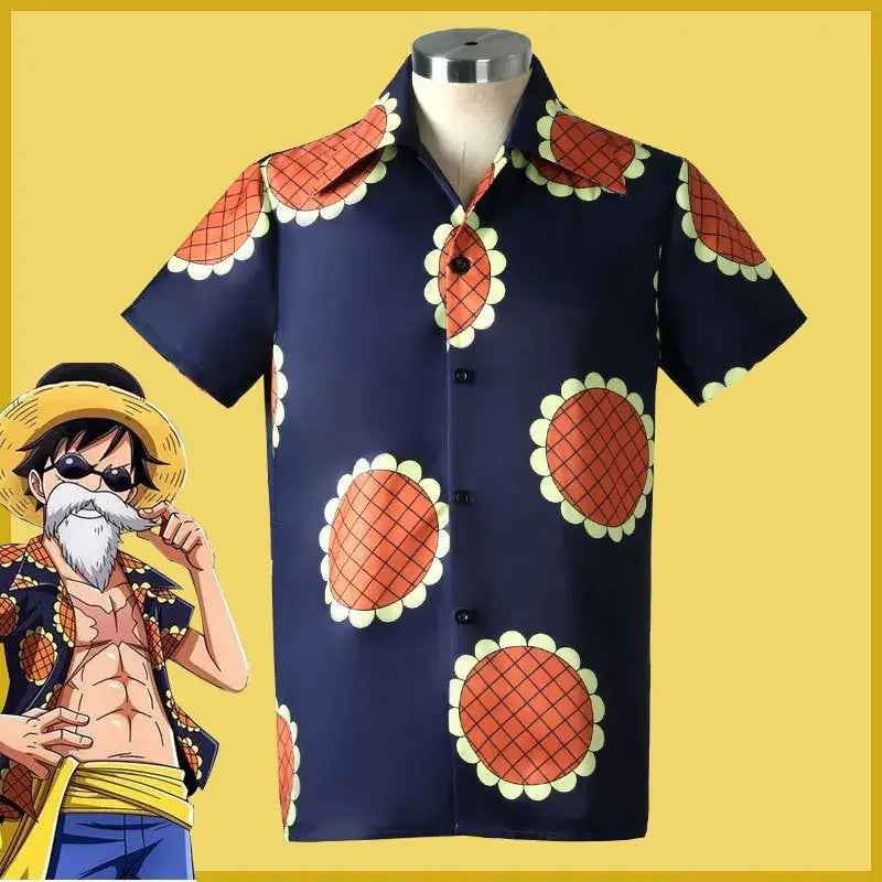 An adult wearing the 5-style Anime Monkey D Luffy Cosplay Costume from the Egghead arc, including the coat and hat.
