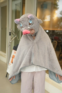 Inosuke Boar Head Plush Cosplay Neck Pillow worn travel cosplay anime fan Demon Slayer