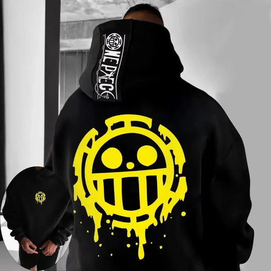 A trendy Trafalgar Law Hoodie featuring One Piece anime graphics, designed as a cozy long-sleeve parent-child sweater for men and boys.