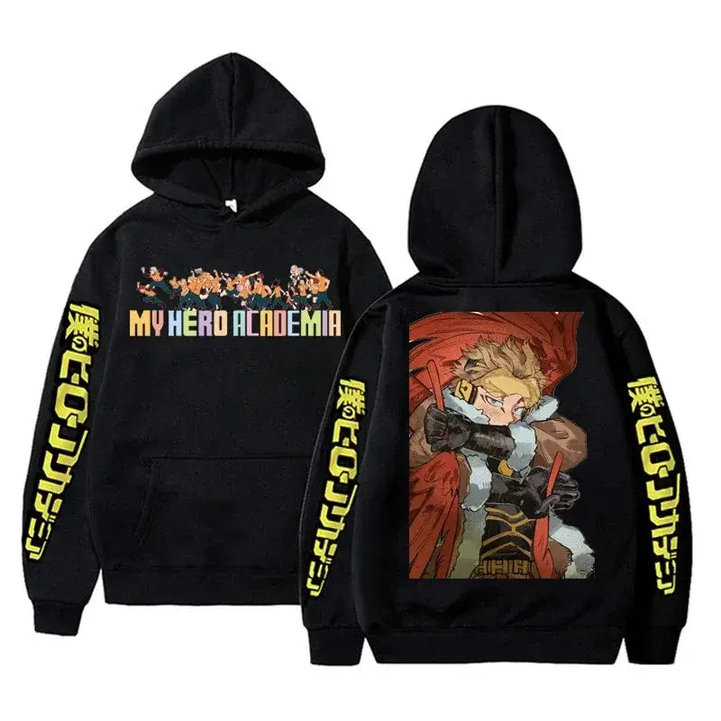 An oversized Midoriya Izuku Hoodie featuring a black and white manga graphic print, styled as unisex Harajuku streetwear for men and women.