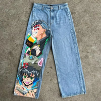 Trendy Y2K Anime Baggy Jeans featuring a Harajuku graphic print pattern, designed as high-waisted vintage streetwear for men and women.