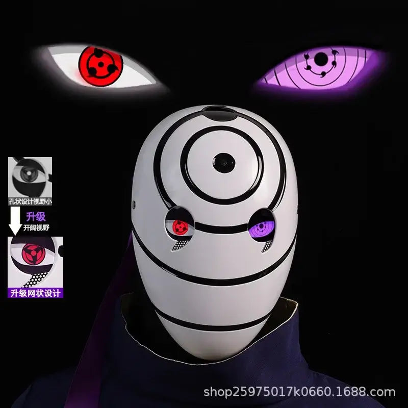 A highly imitative, high-gloss Obito Cosplay Mask featuring the Akatsuki Sharingan design for anime Halloween costumes and conventions.
