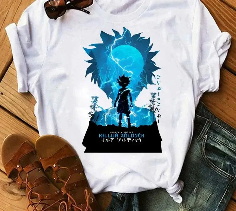A woman wearing the casual vintage Japanese Anime Hunter X Hunter Graphic T Shirt.