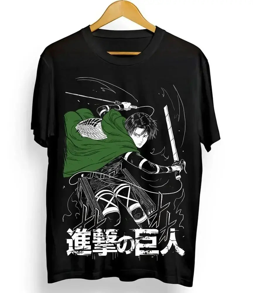 A trendy Levi Shingeki T-shirt featuring a dark horror graphic of Levi Ackerman from Attack on Titan, styled as Y2K women's streetwear.