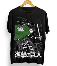 A trendy Levi Shingeki T-shirt featuring a dark horror graphic of Levi Ackerman from Attack on Titan, styled as Y2K women's streetwear.