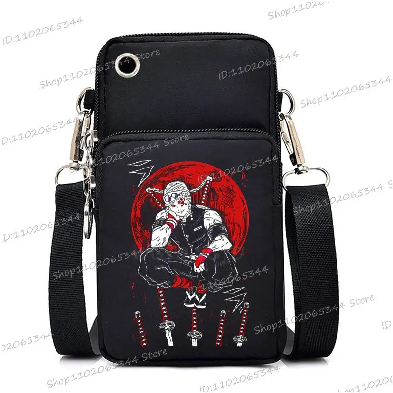 A trendy Demon Slayer Phone Bag featuring anime art of Nezuko Kamado and Mitsuri Kanroji, designed as a Harajuku mini crossbody purse for women and men.