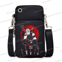A trendy Demon Slayer Phone Bag featuring anime art of Nezuko Kamado and Mitsuri Kanroji, designed as a Harajuku mini crossbody purse for women and men.