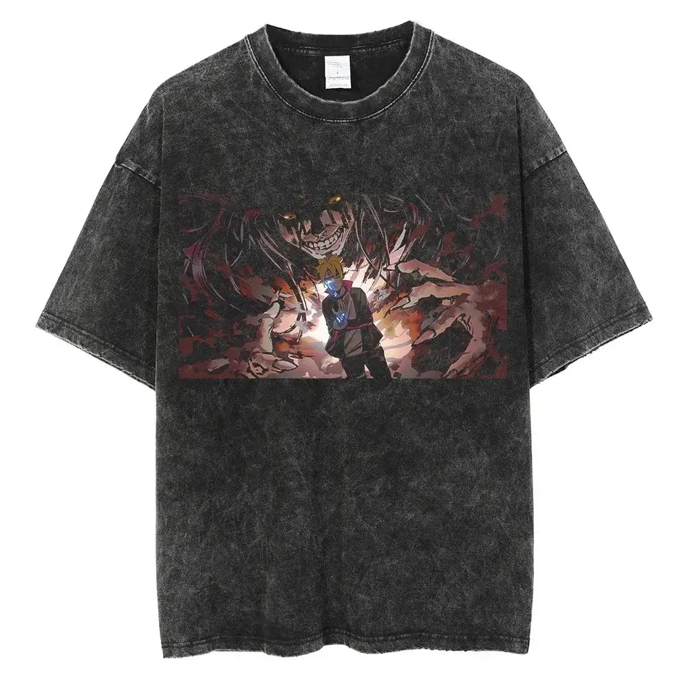 A man wearing the vintage black Japanese Anime Naruto Print T Shirt in a Harajuku hip hop streetwear style.