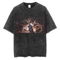 A man wearing the vintage black Japanese Anime Naruto Print T Shirt in a Harajuku hip hop streetwear style.