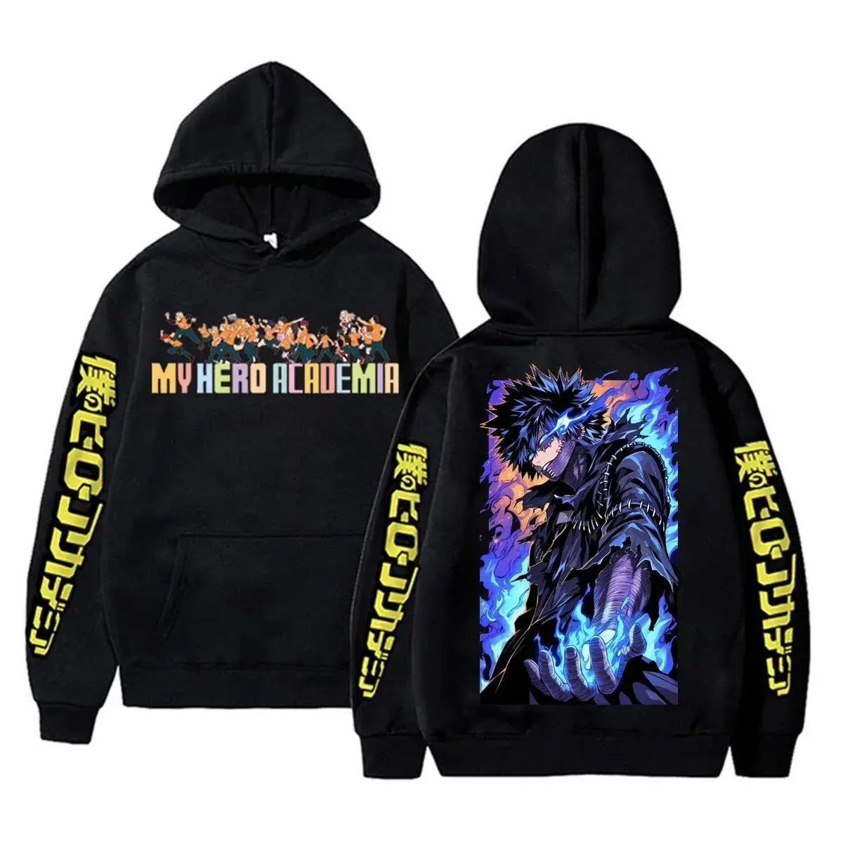 An oversized Midoriya Izuku Hoodie featuring a black and white manga graphic print, styled as unisex Harajuku streetwear for men and women.
