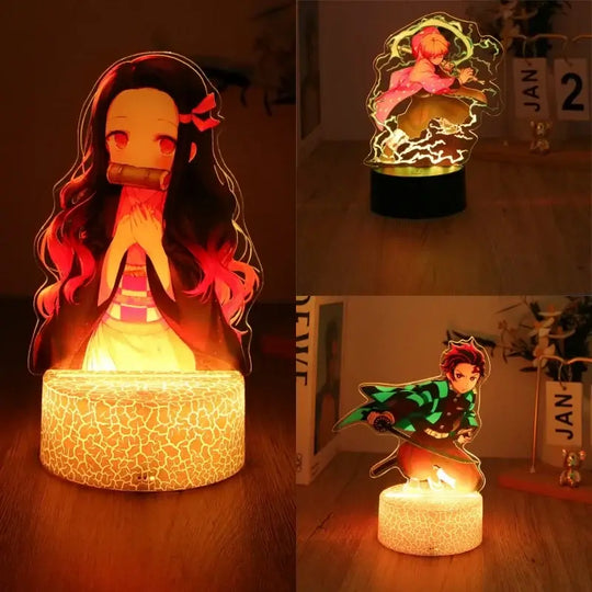 A glowing Demon Slayer 3D Lamp featuring an acrylic Tanjiro and Nezuko figure design, illuminated in blue LED light for bedroom decor.