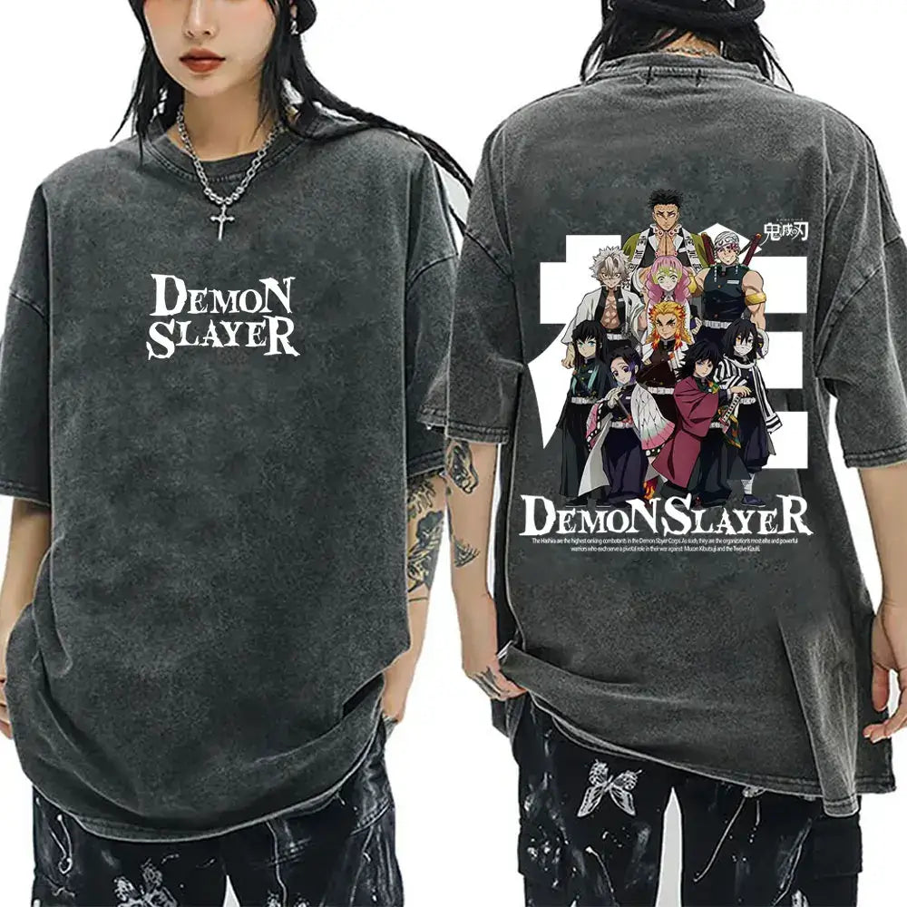 A washed black Demon Slayer Vintage T-Shirt made of 100% cotton, featuring an oversized cartoon anime graphic for men and women.