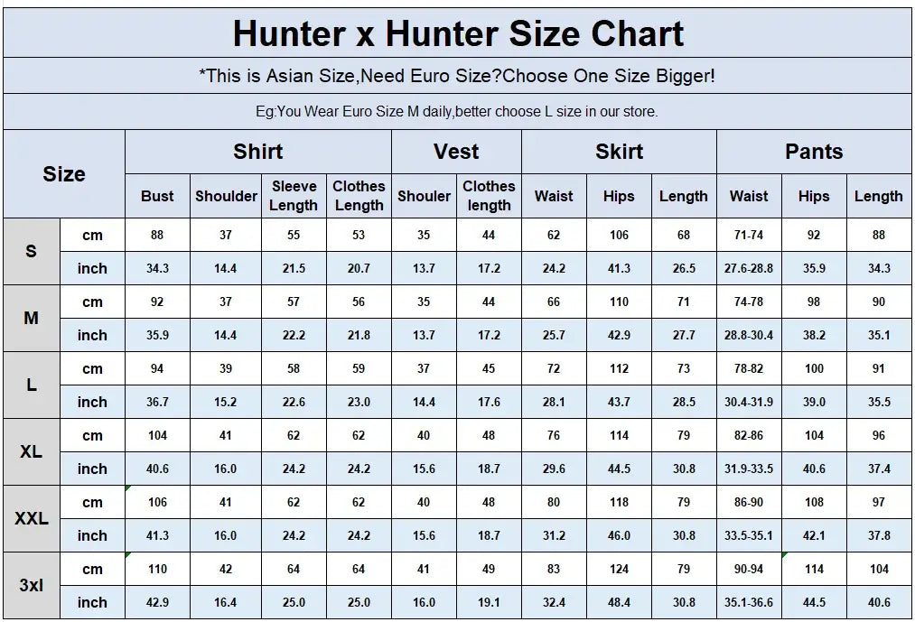 Kurapika Hunter x Hunter Cosplay Costume Full Set Hunter x Hunter Size Chart outlining measurements for shirts, vests, skirts, and pants in various sizes.