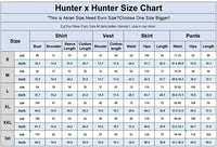 Kurapika Hunter x Hunter Cosplay Costume Full Set Hunter x Hunter Size Chart outlining measurements for shirts, vests, skirts, and pants in various sizes.