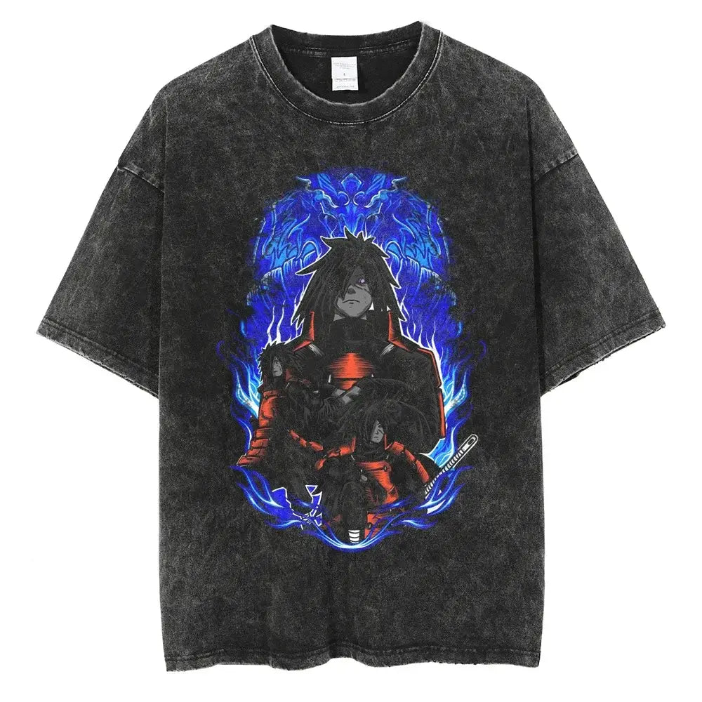 A man wearing the vintage black Japanese Anime Naruto Print T Shirt in a Harajuku hip hop streetwear style.