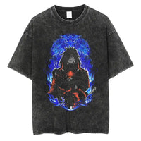 A man wearing the vintage black Japanese Anime Naruto Print T Shirt in a Harajuku hip hop streetwear style.