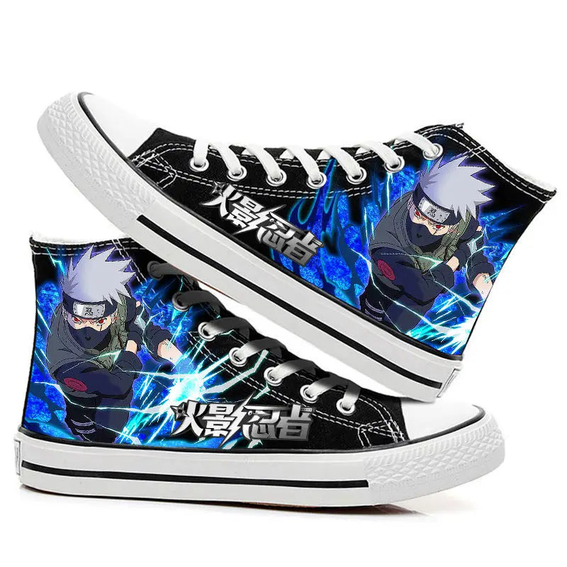 Trendy high-top Naruto Canvas Shoes featuring cool graffiti personality prints of Sasuke Uchiha, Itachi, and Kakashi for men and women.