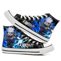 Trendy high-top Naruto Canvas Shoes featuring cool graffiti personality prints of Sasuke Uchiha, Itachi, and Kakashi for men and women.