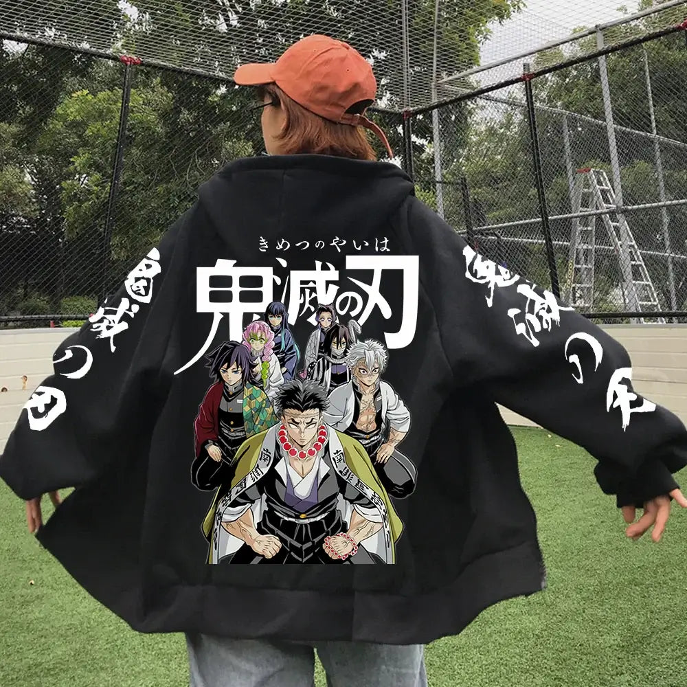 The 2025 Anime Demon Slayer Zipper Hoodie in a Harajuku streetwear pullover sweatshirt style.