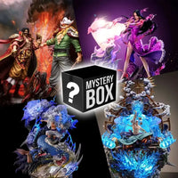 A colorful One Piece Mystery Box packaging containing a random anime action figure surprise, featuring silhouettes of Luffy and Zoro.