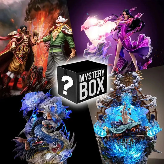 A colorful One Piece Mystery Box packaging containing a random anime action figure surprise, featuring silhouettes of Luffy and Zoro.
