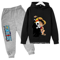 A comfortable One Piece Hoodie Set for kids featuring Monkey D. Luffy anime graphics, including a hoodie and pants 2-piece sports suit.