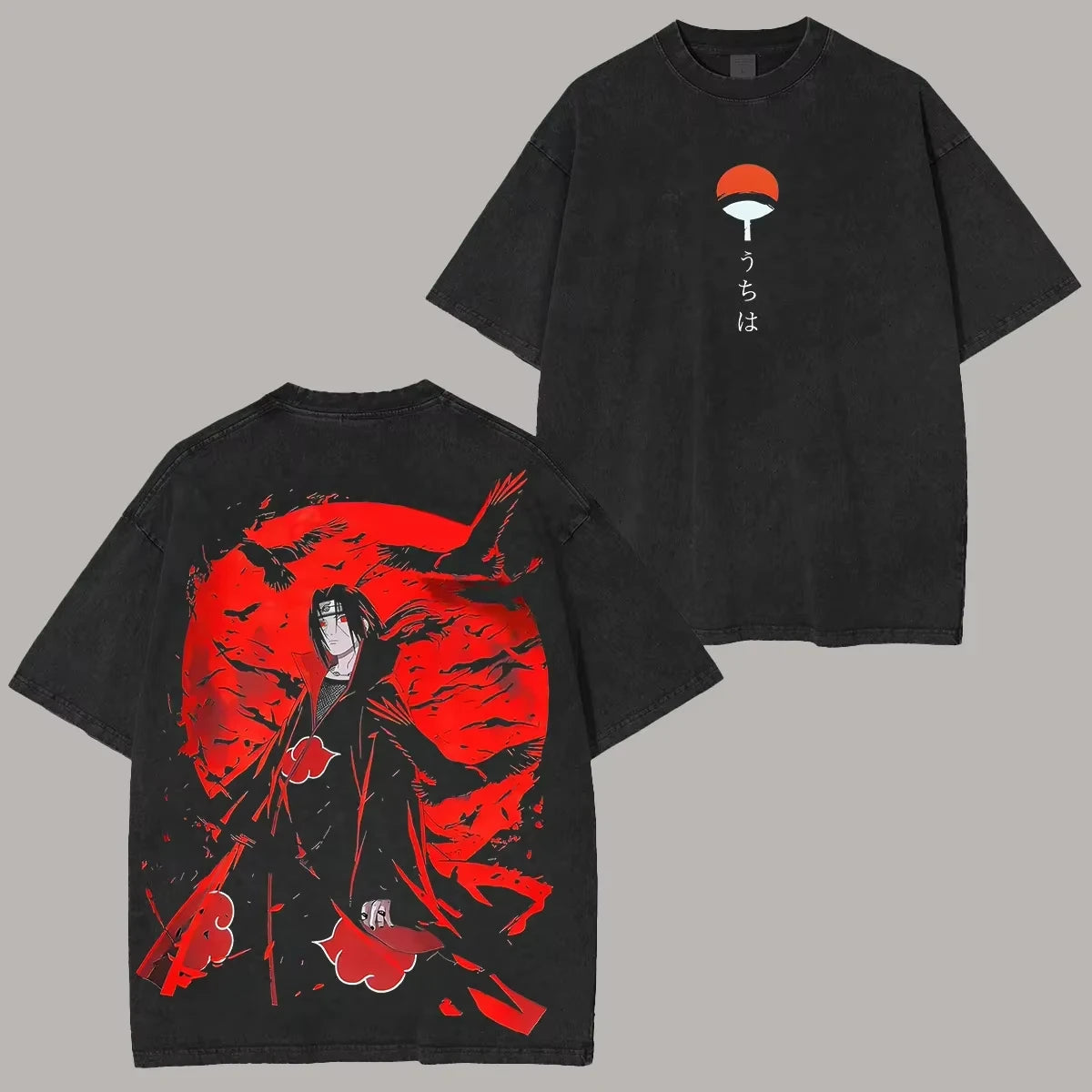 Itachi Uchiha Crow Washed T-Shirt featuring a striking design of Itachi against a red background.