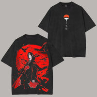 Itachi Uchiha Crow Washed T-Shirt featuring a striking design of Itachi against a red background.