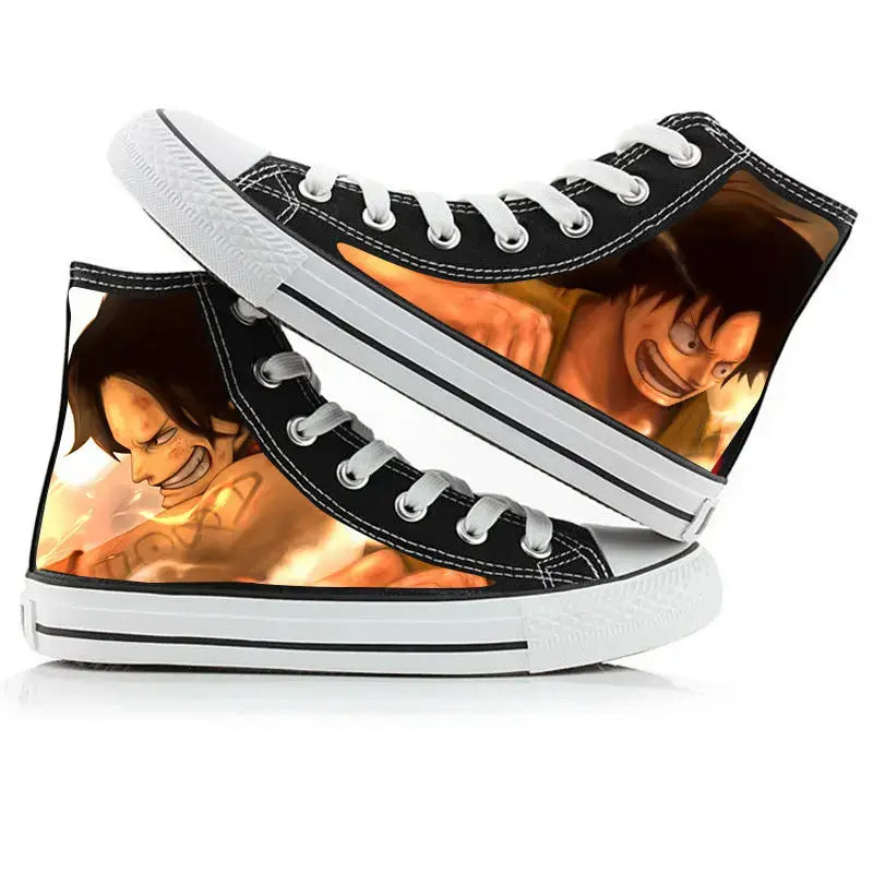Trendy One Piece High-Top Canvas Shoes featuring creative anime pictures of Luffy, Zoro, Ace, and Chopper for men and women.