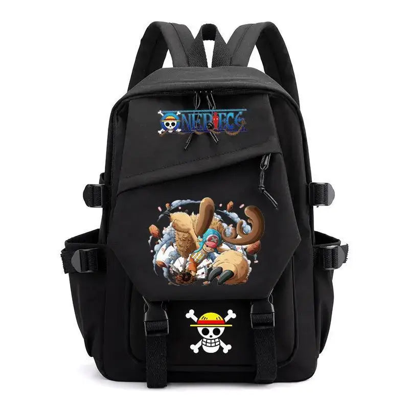 A lightweight canvas One Piece Backpack featuring kawaii anime characters, suitable for school, travel, and carrying a laptop computer.
