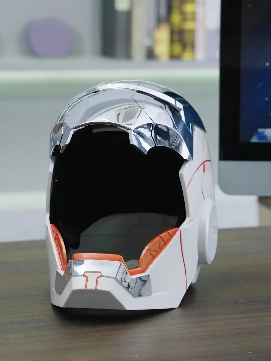A wearable AutoKing Iron Man Helmet (Mk5) featuring voice-controlled opening face plates and glowing LED eyes for adult cosplay and display.