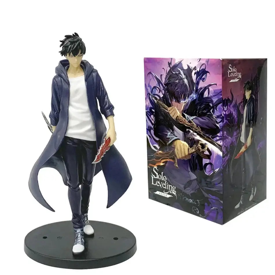 A highly detailed Sung Jin Woo Figure, showcasing the Solo Leveling Shadow Monarch in a dynamic anime action pose for desktop decoration.