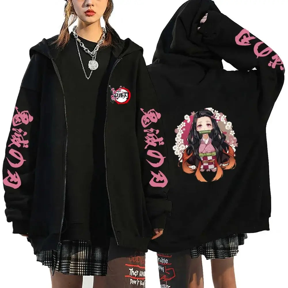 A casual loose Harajuku Fashion Anime Cartoon Demon Slayer Pattern Print Sweatshirt and fleece zipper hoodie for men and women.