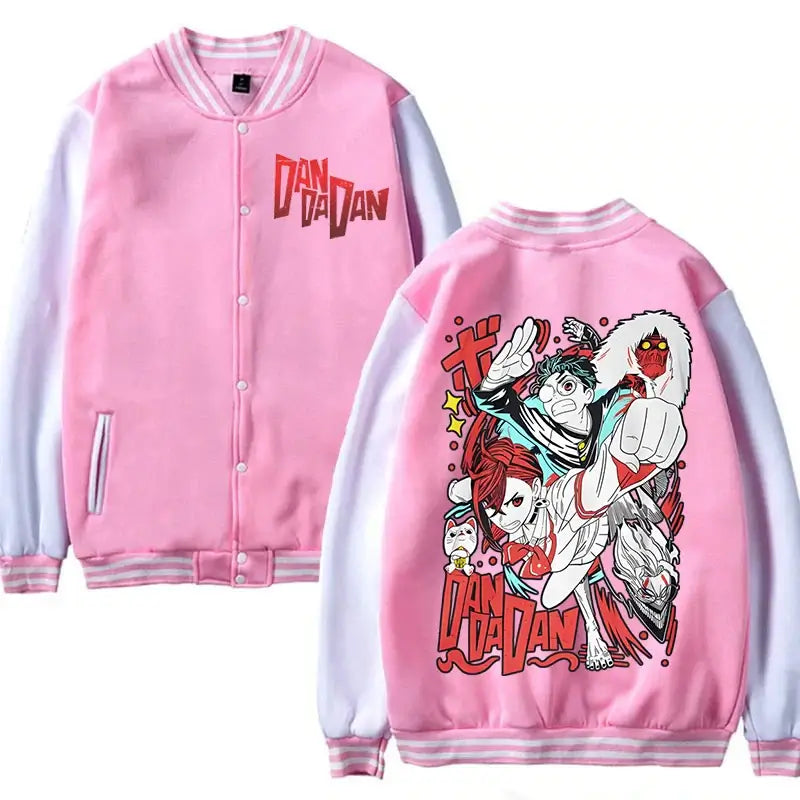 A trendy Dandadan Okarun Jacket featuring Japanese manga art of Ken Takakura, styled as fashion streetwear for men and women.