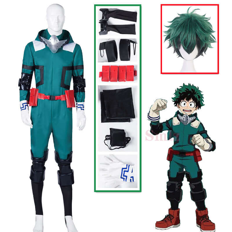 A complete unisex Anime My Hero Academia Midoriya Izuku Deku Battle Cosplay Costume set, with the green Halloween wig hair.