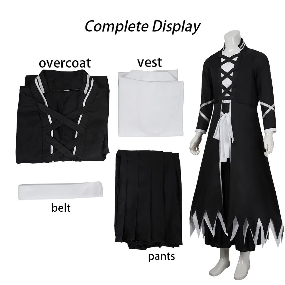 Kurosaki Ichigo Cosplay Costume complete display featuring overcoat, inner vest, pants, and white waist belt.