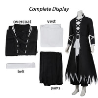 Kurosaki Ichigo Cosplay Costume complete display featuring overcoat, inner vest, pants, and white waist belt.