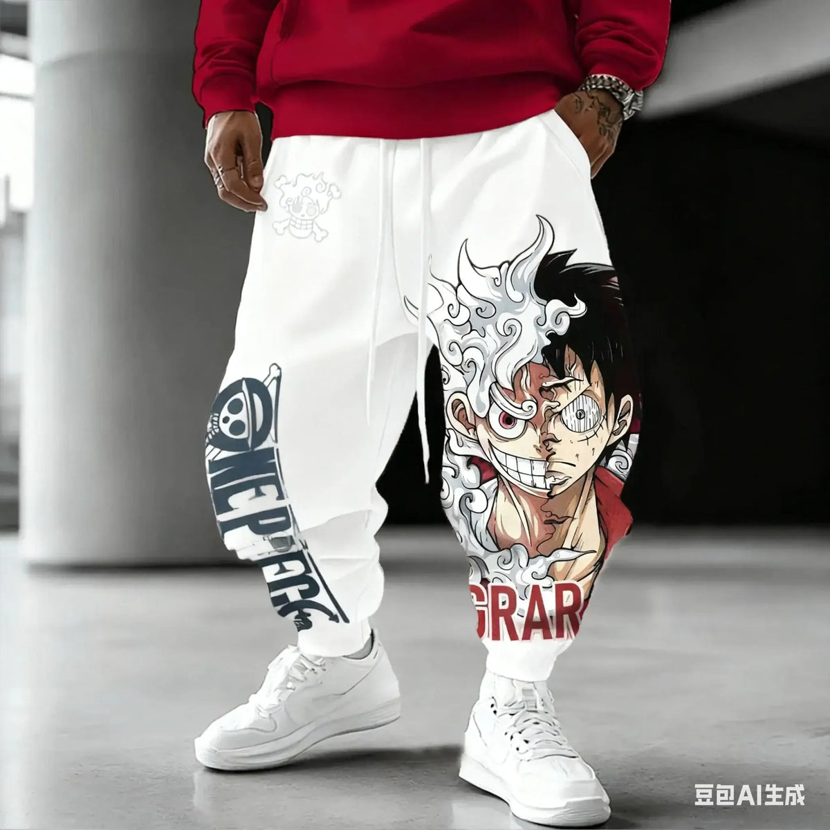 Unisex Luffy Gear 5 Pants made of thick winter cotton, featuring Sun God Nika anime graphics and cuffed ankles for Harajuku streetwear style.