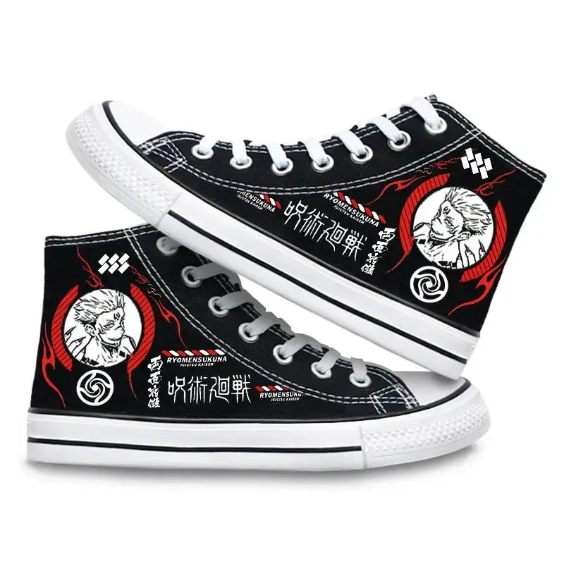 Pair of Jujutsu Kaisen Canvas Shoes featuring Gojo Satoru and Fushiguro Megumi creative cartoon patterns, designed as fashion high-top sneakers.