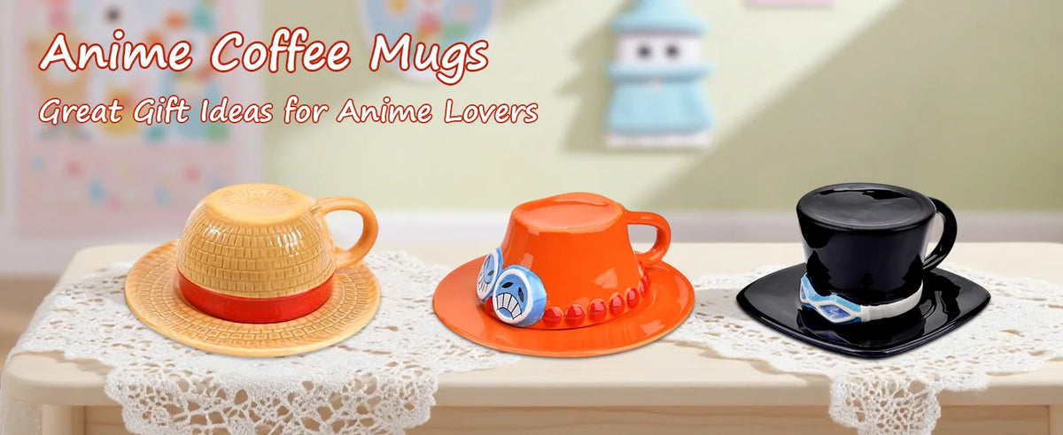 Luffy Ace Sabo Chopper Mug One Piece Ceramic with saucer displayed on table, colorful hat designs for anime lovers.