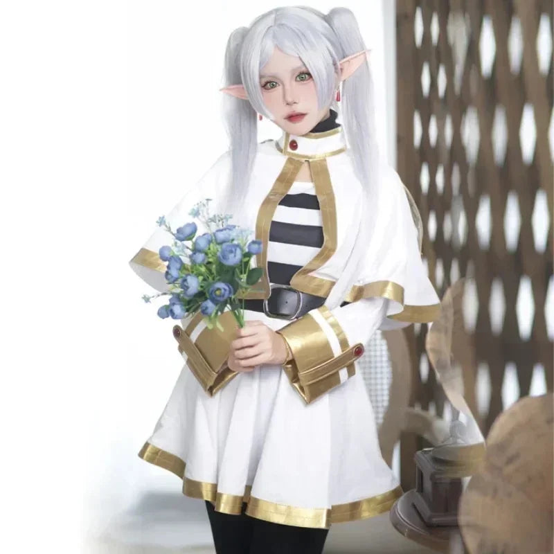 Frieren Cosplay Costume Set featuring a character in a white and gold outfit with pigtails holding flowers.