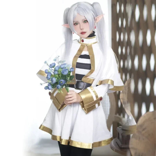 Frieren Cosplay Costume Set featuring a character in a white and gold outfit with pigtails holding flowers.