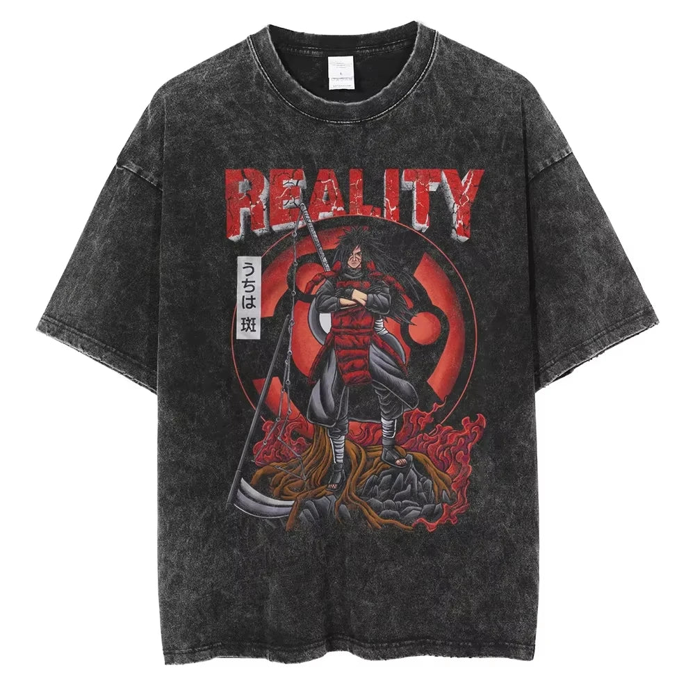A washed black Naruto Vintage T-Shirt featuring a hip hop style anime print, designed as Harajuku streetwear for men and women.