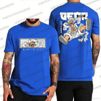 A trendy One Piece Luffy T-Shirt made of breathable cotton, featuring a graphic print of Monkey D. Luffy for summer cosplay fashion.