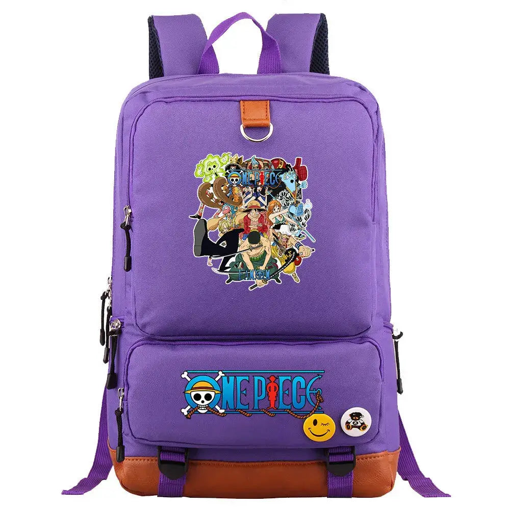 A large, unisex One Piece Luffy Printed Unisex Backpack suitable for school and travel, with compartments for a laptop and iPad.