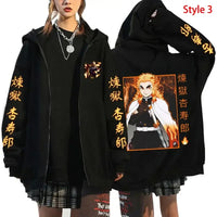 A stylish Rengoku Zipper Hoodie featuring Kyoujurou anime graphics, designed as a casual autumn jacket for men and women.