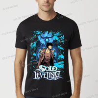 A vintage black Solo Leveling Anime T-Shirt featuring a funny Sung Jinwoo graphic print, available in sizes S to 4XL for men and women.