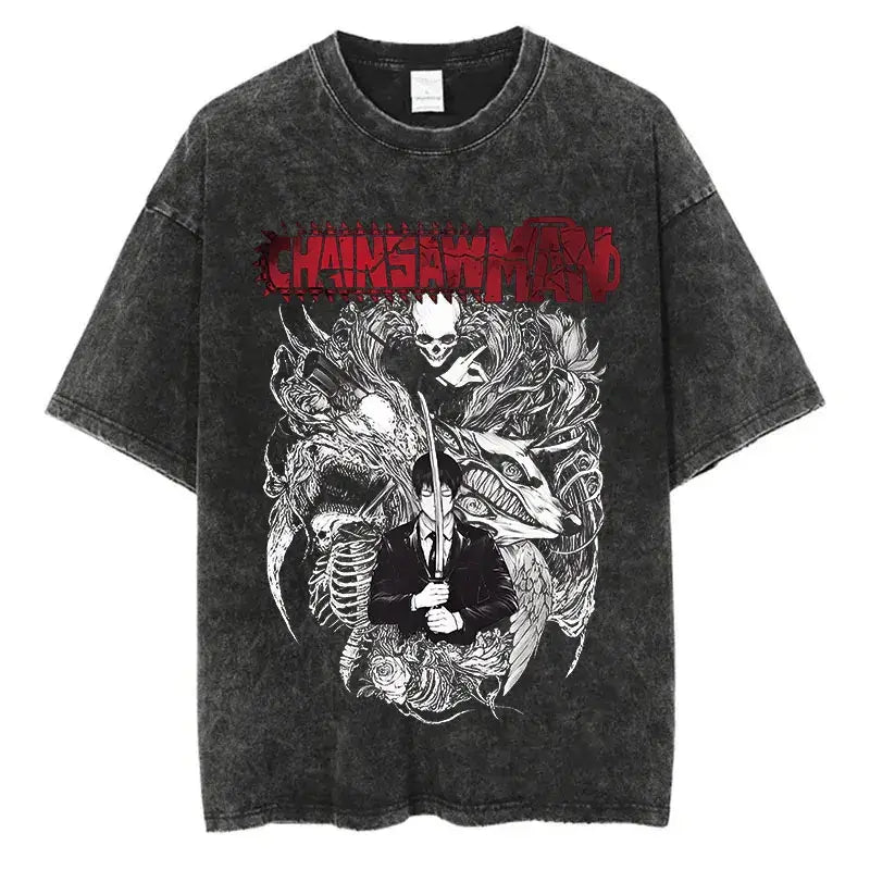 Chainsaw Man Power Print T-Shirt featuring bold graphic design on washed black cotton fabric.