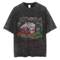 A washed black Naruto Vintage T-Shirt featuring a hip hop style anime print, designed as Harajuku streetwear for men and women.